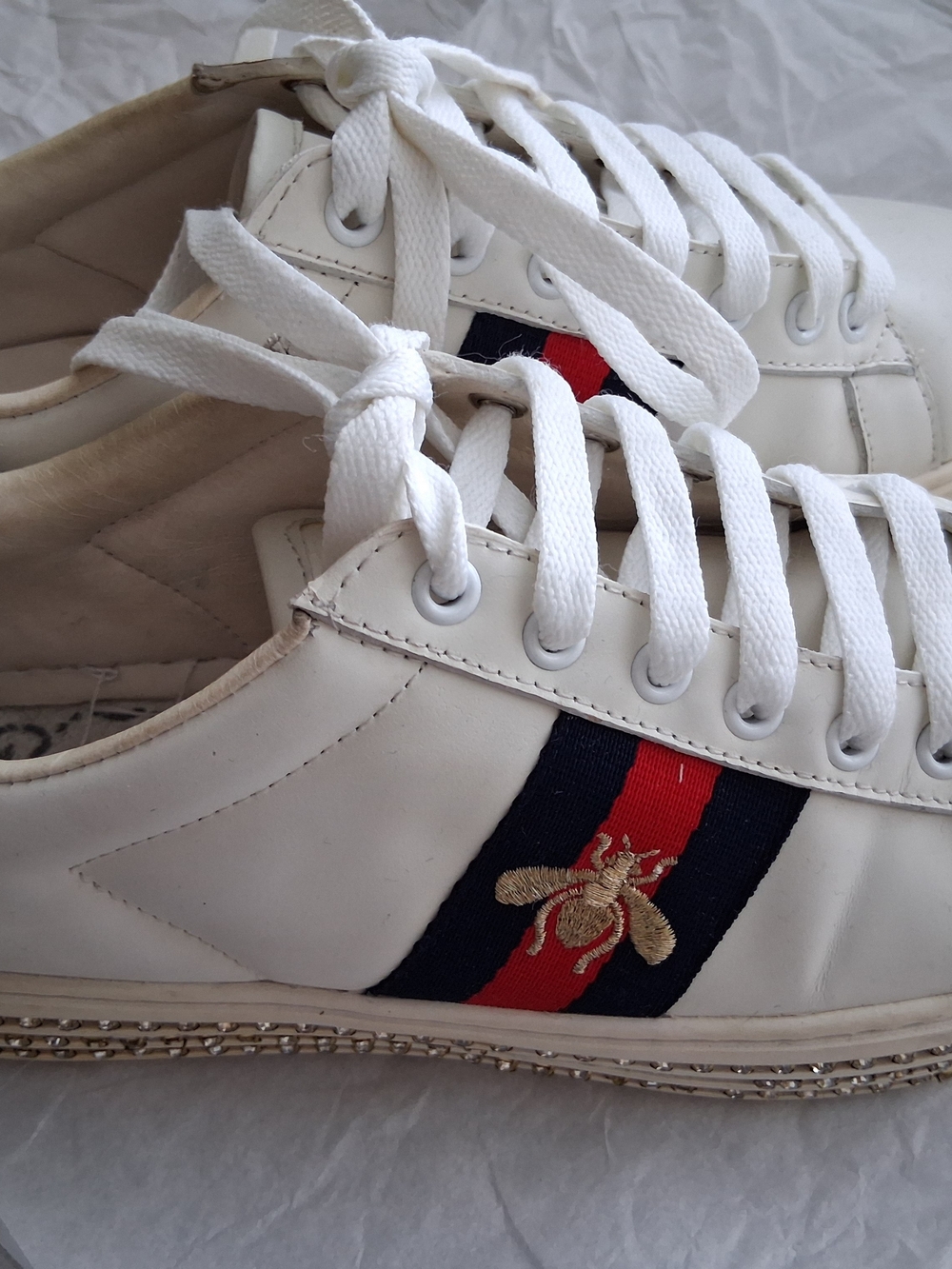 Gucci White Leather Sneakers with Navy & Red Stripe and Gold Bee